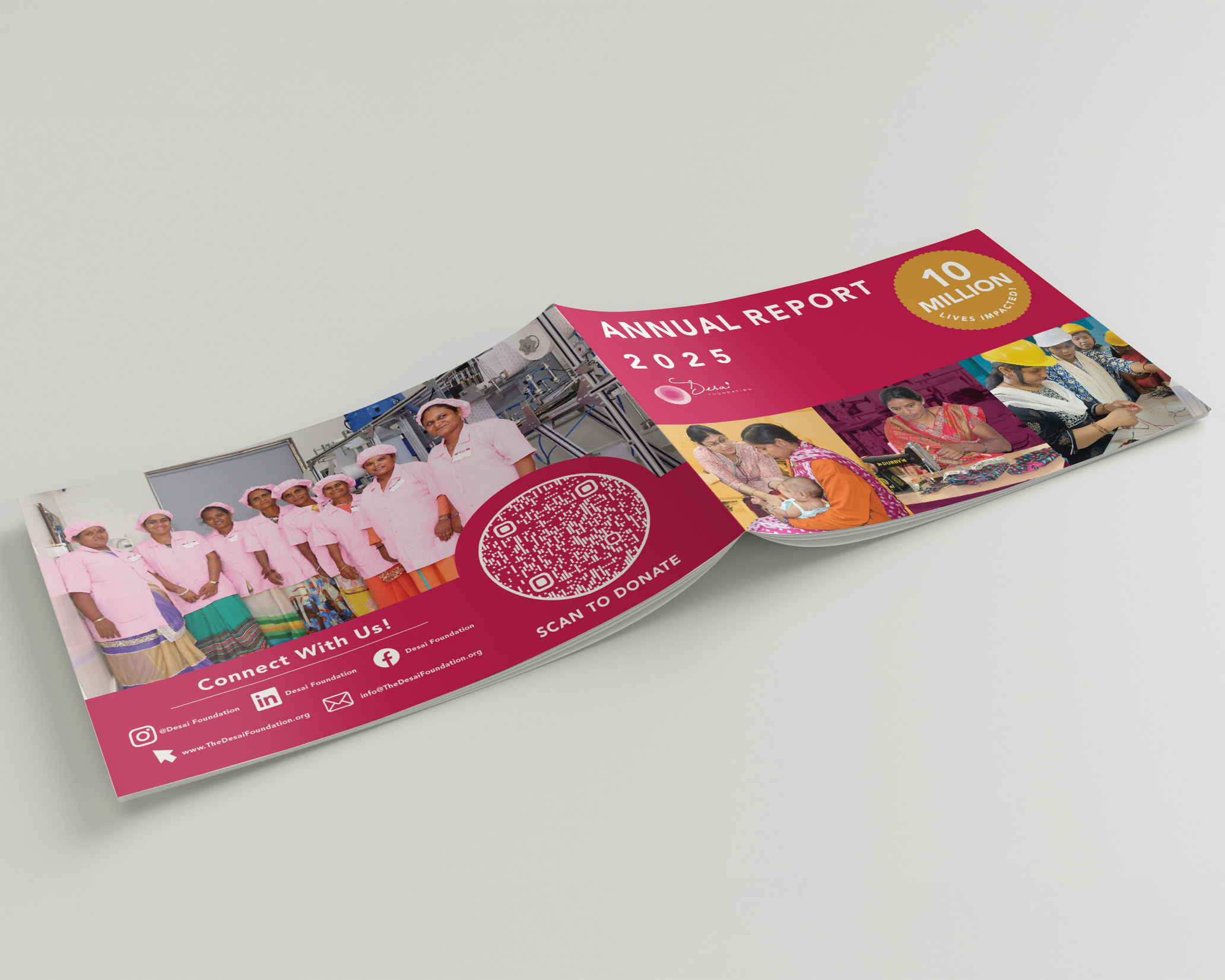 Redesign of the Desai Foundation's 68-page annual report for print and digital use, including both the cover and interior layout, to showcase the nonprofit's activities and achievements with a polished and cohesive look.