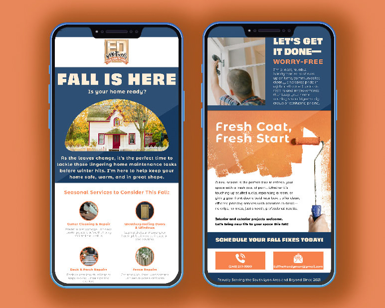 Creation and design of a recurring handyman newsletter to boost customer engagement and highlight seasonal services.