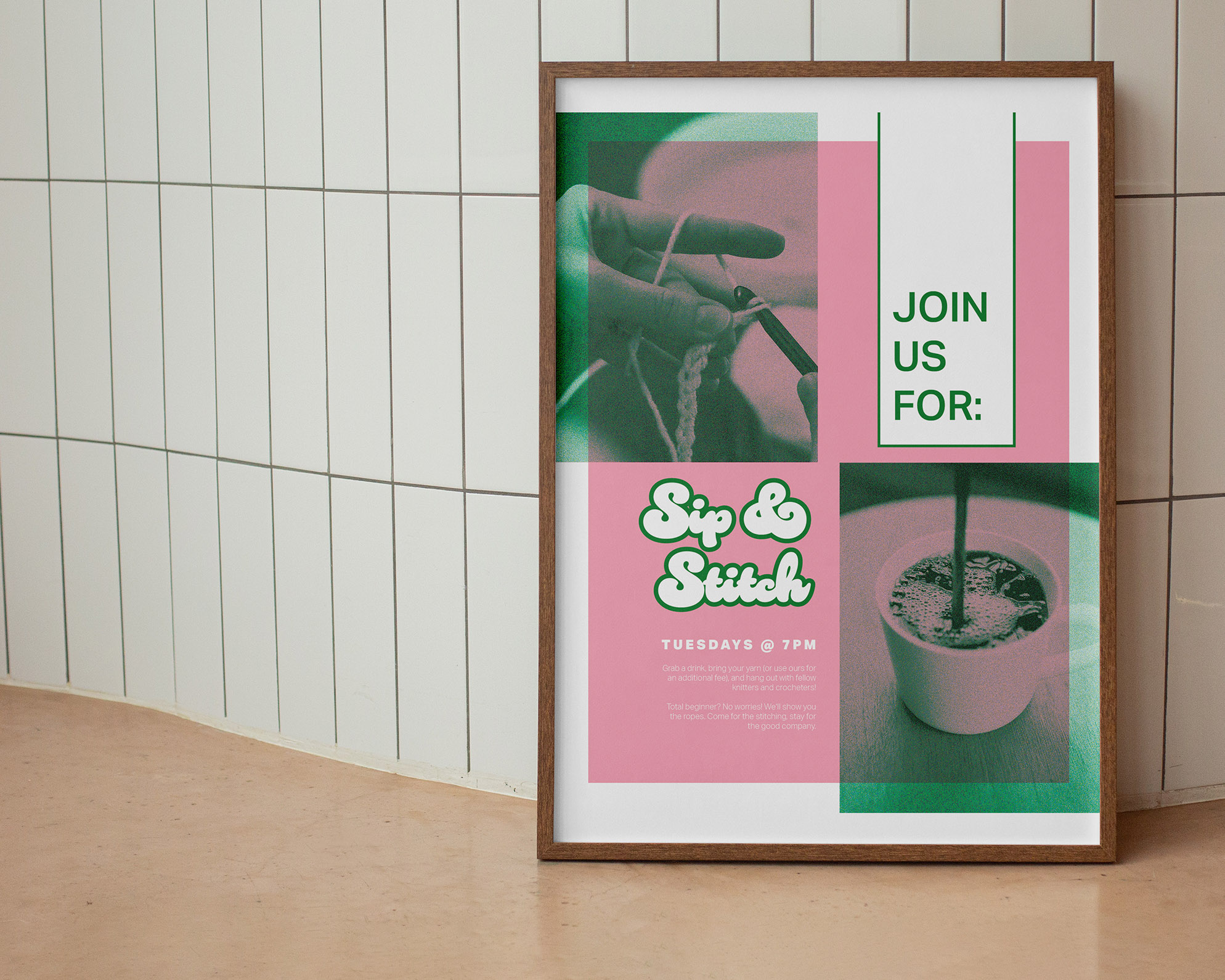 Print poster for Sip & Stitch event, combining cozy, community-focused design with a modern aesthetic.